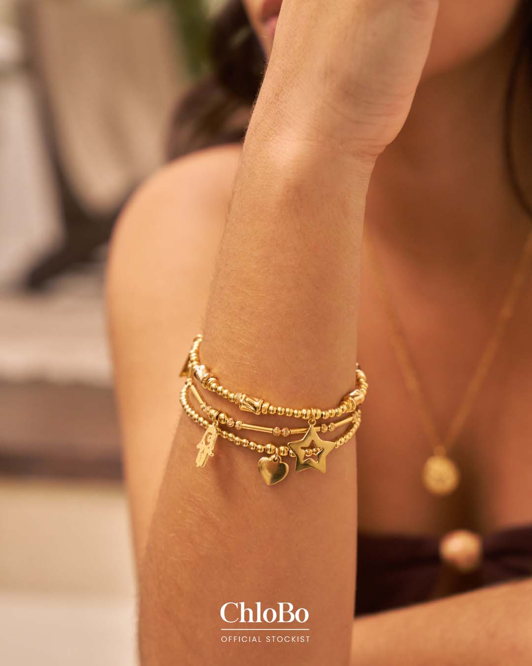 ChloBo | Gold Dainty Moon Cut Sparkle Hamsa Bracelet