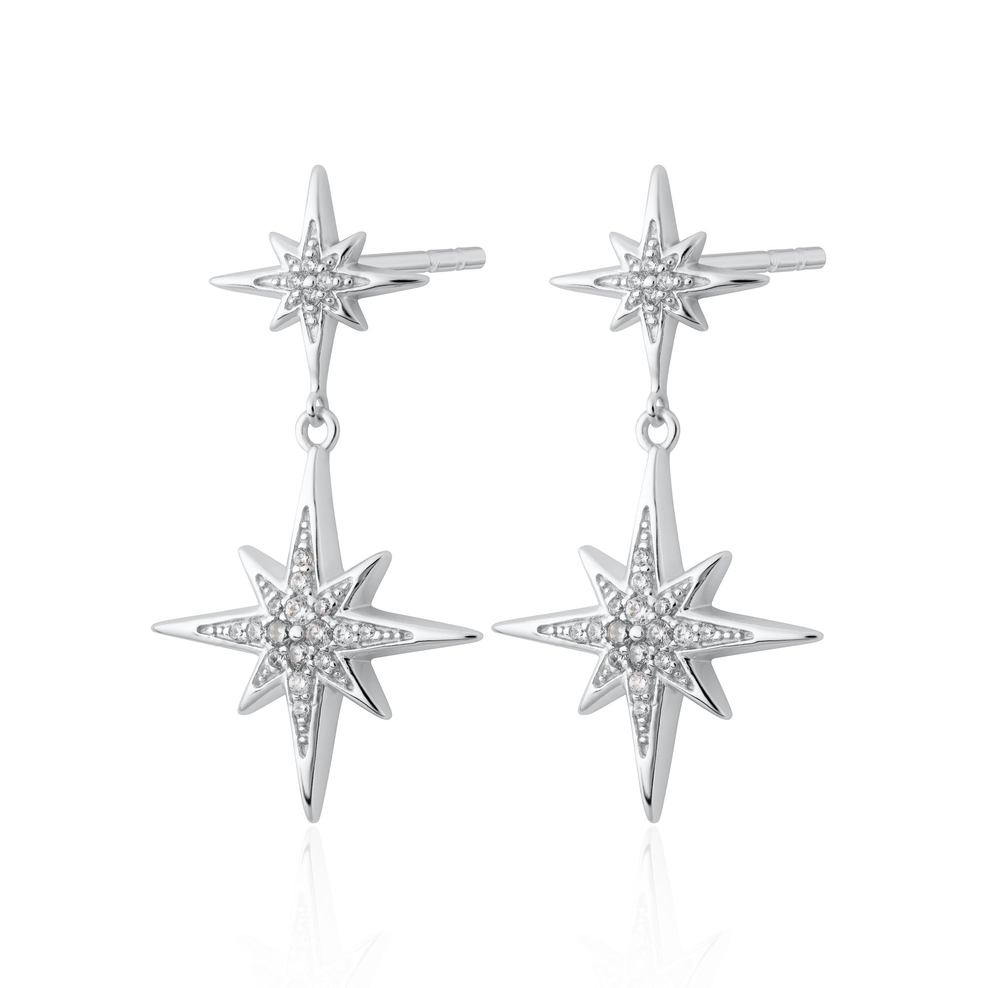 Scream Pretty | Hannah Martin Art Deco Star Earrings A pair of sterling silver art deco star drop stud earrings with multiple points, reflecting light and showcasing a geometric pattern.