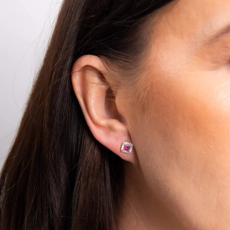 Penmans | Cushion Cut Ruby & Diamond Halo Studs
