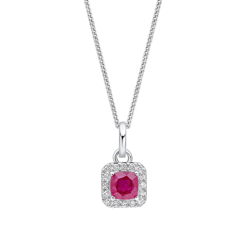 Penmans | Cushion Cut Ruby with Diamond Halo Pendant