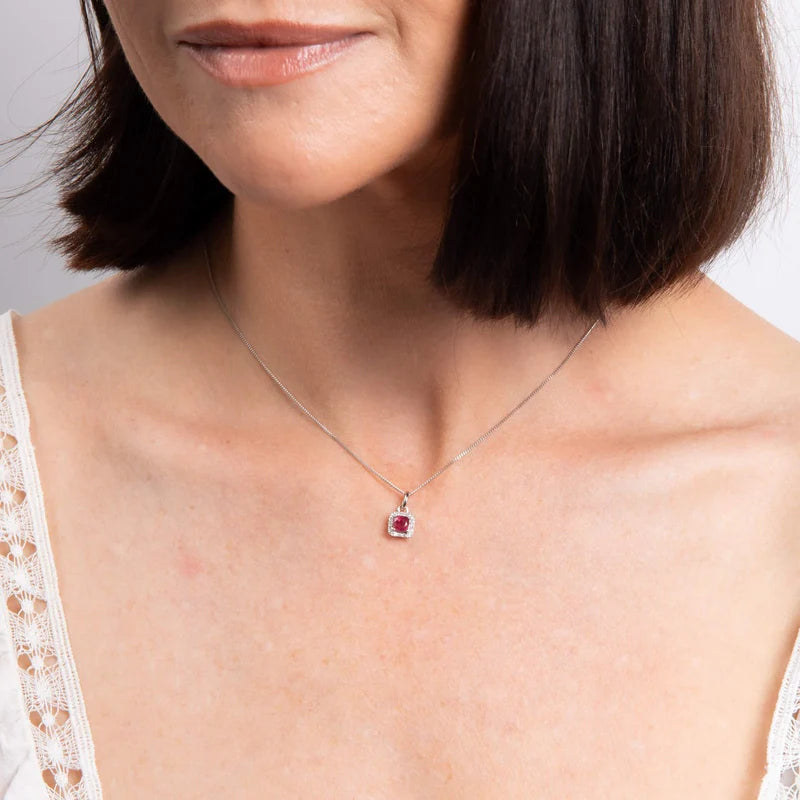 Penmans | Cushion Cut Ruby with Diamond Halo Pendant