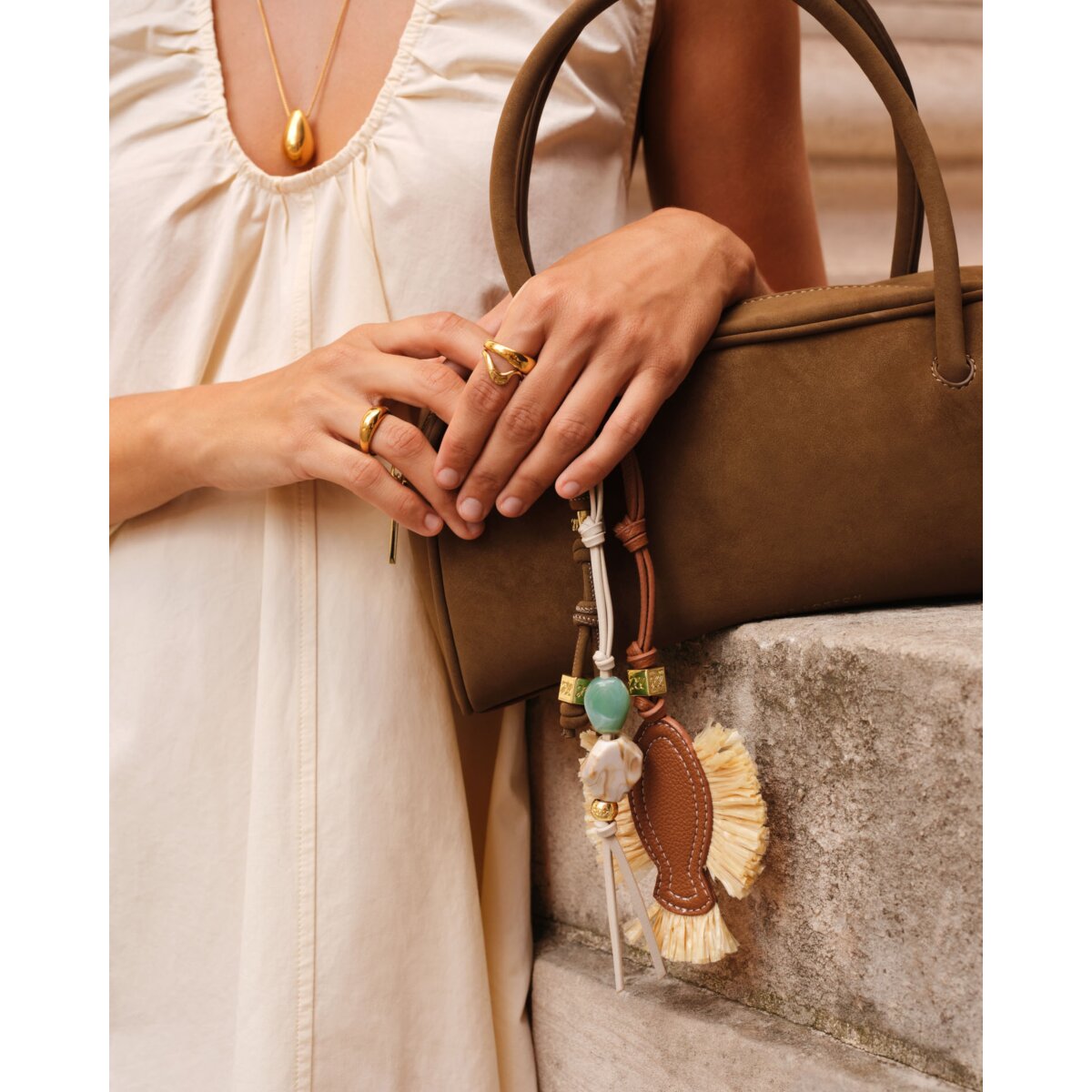 Katie Loxton | Raffia Fish Bag Charm  - Cognac & Raffia