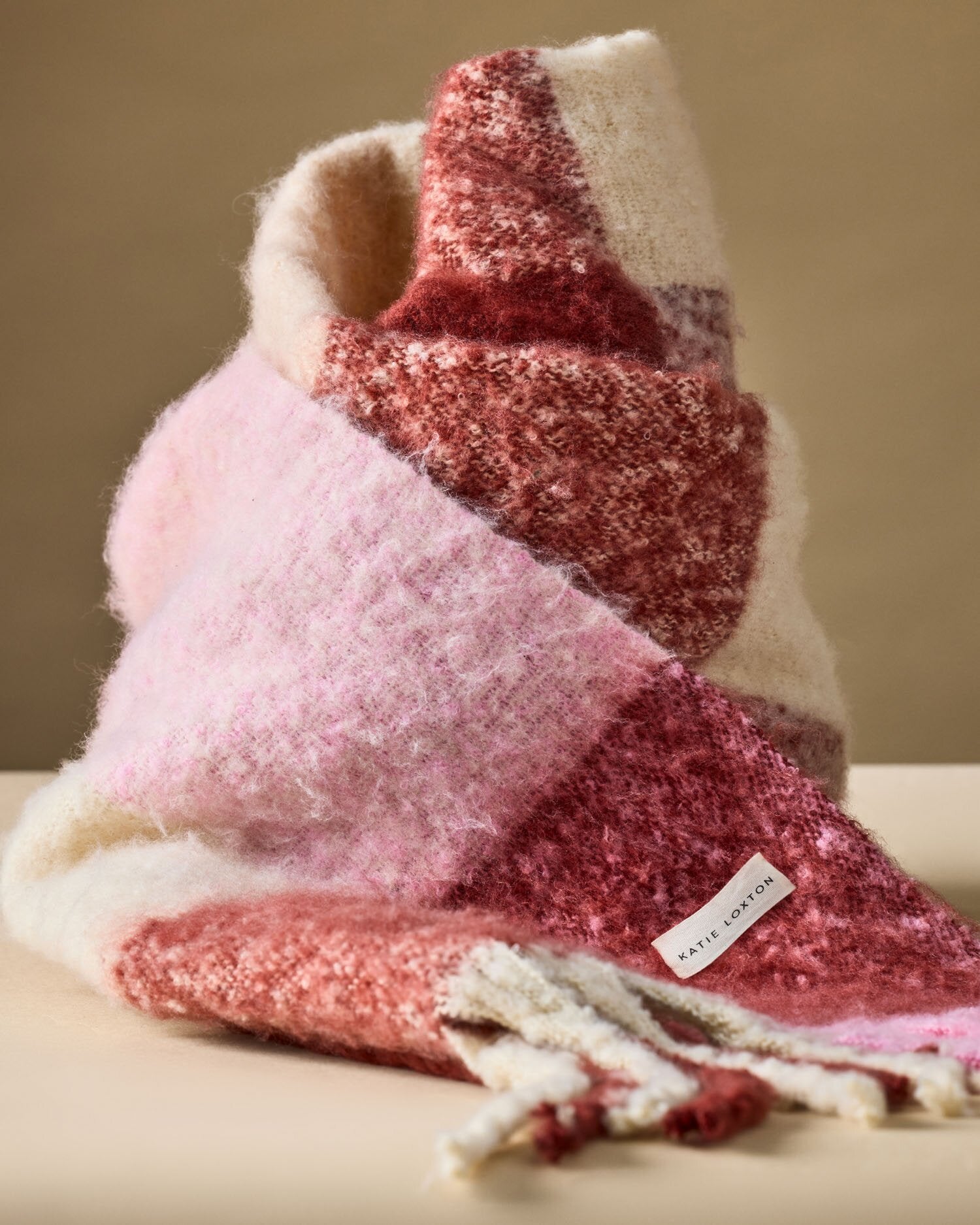 Katie Loxton | Recycled Checked Tassel Scarf - Pink / Burgundy / Cream