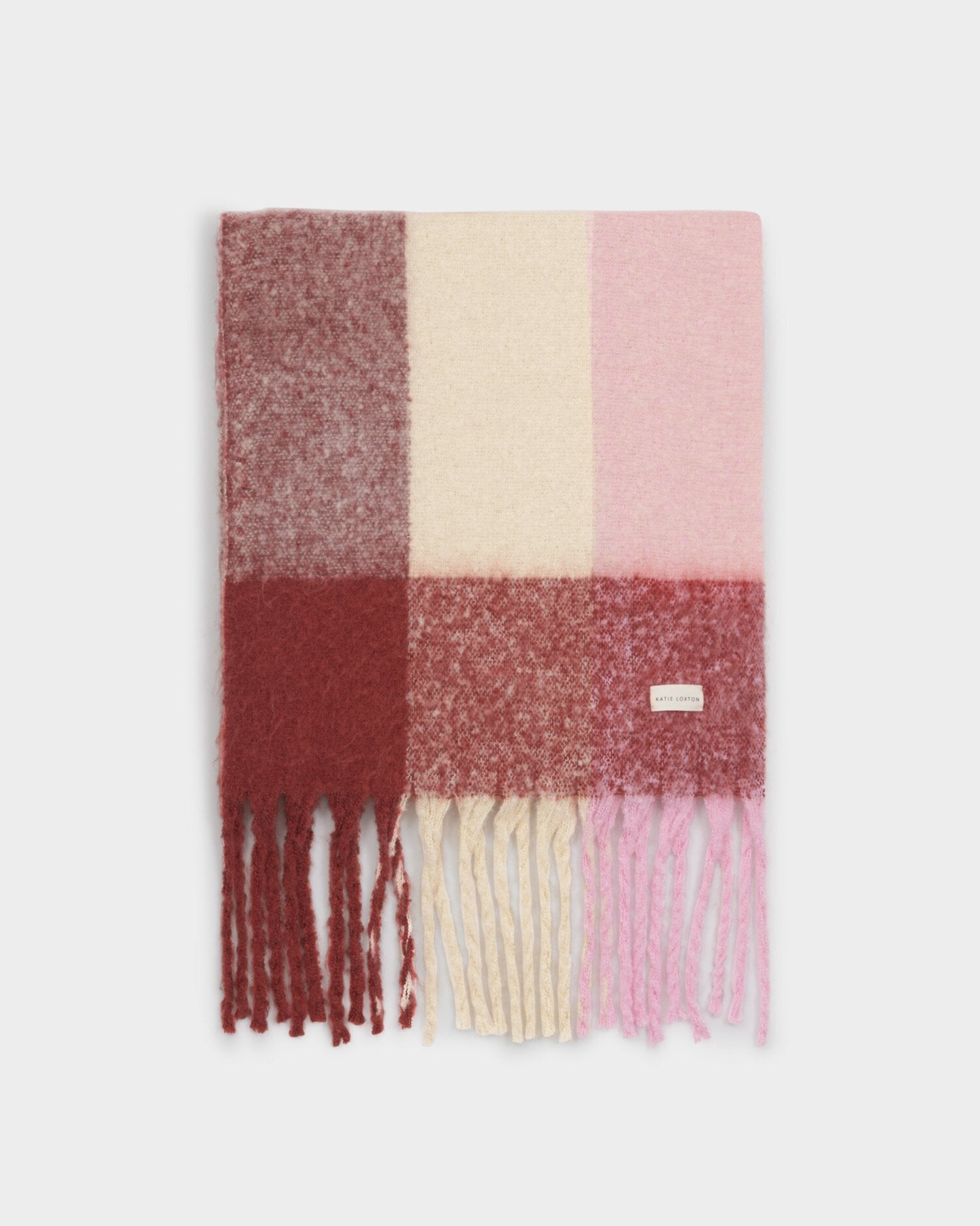 Katie Loxton | Recycled Checked Tassel Scarf - Pink / Burgundy / Cream