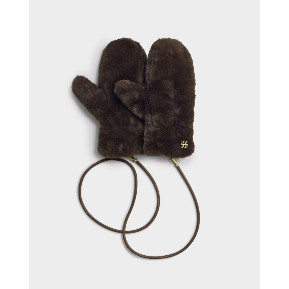 Katie Loxton | Faux Fur Mittens with Cord - Chocolate