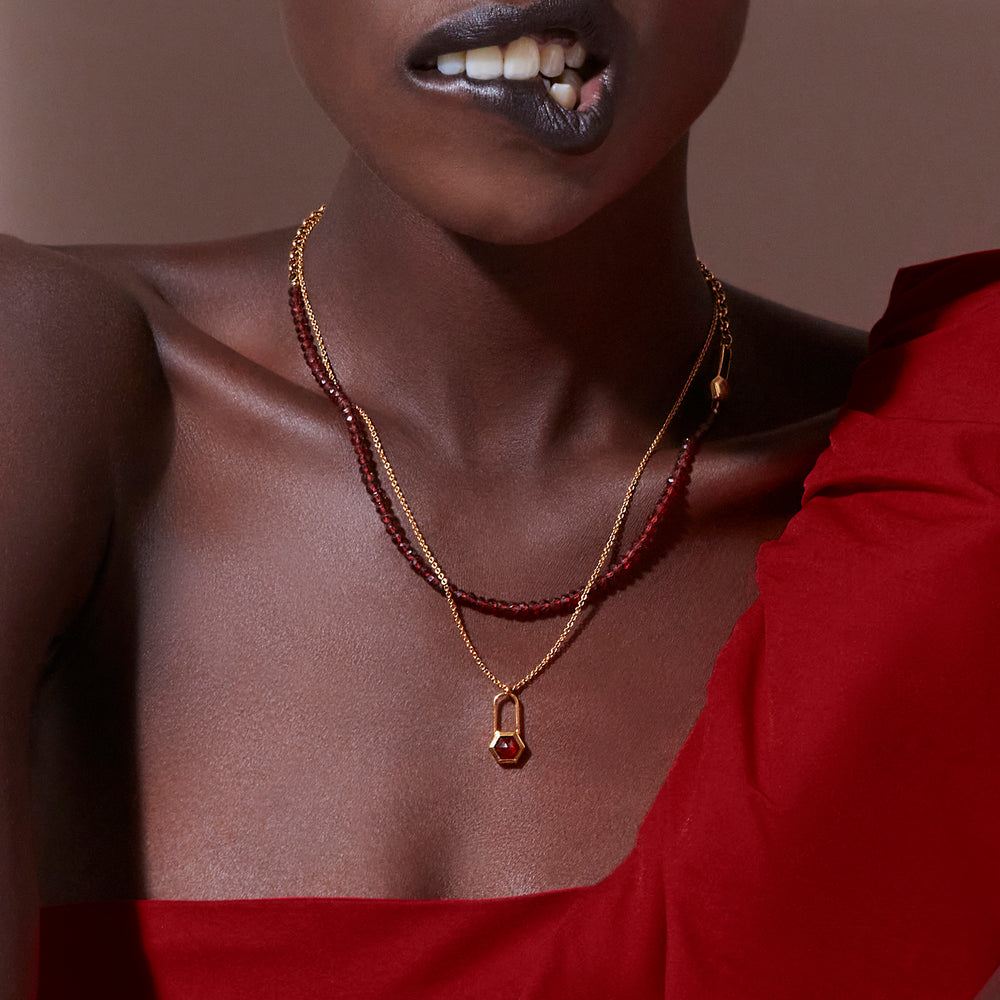 Rachel Jackson |  Asymmetric Garnet Chain Padlock Gold Plate Necklace