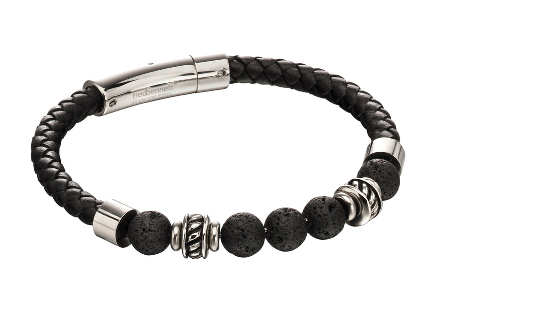 Fred Bennett | Black leather & Lava Beads Bracelet
